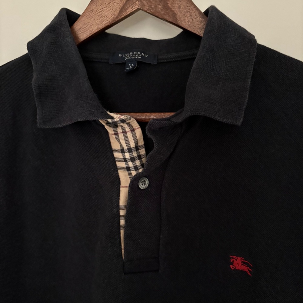 VTG Burberry Polo Shirt Mens XL Black Nova Check Placket UK Y2K 90s Preppy FLAW